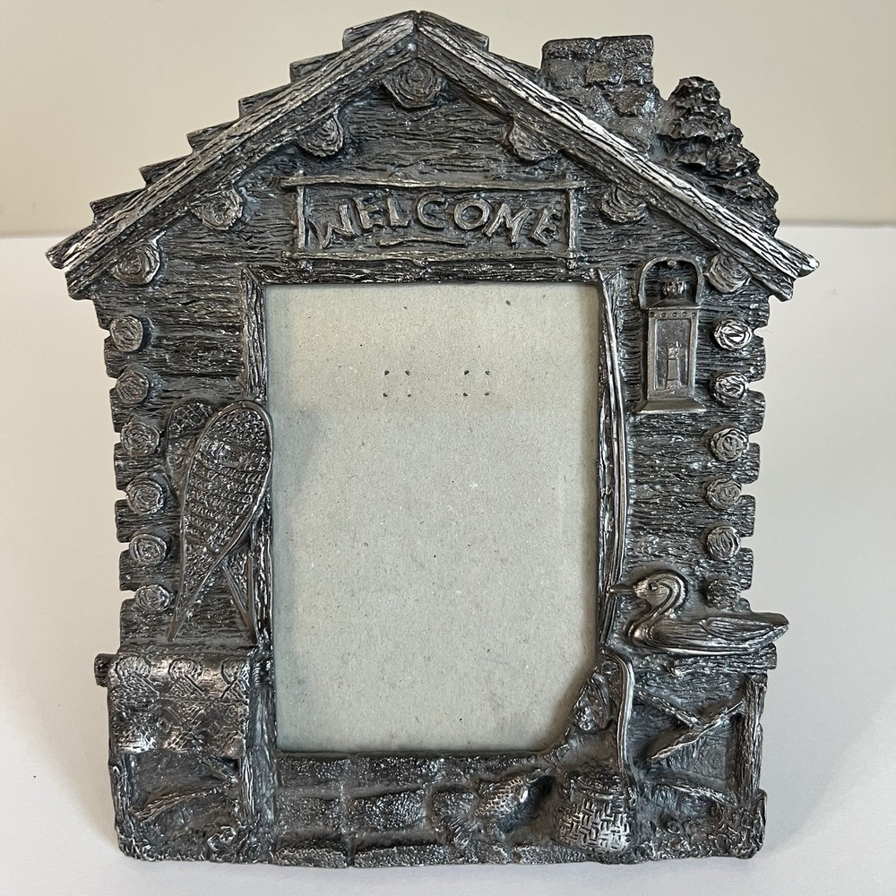 Rustic Cabin Picture Frame 3.5 x 5 Hunter Fisherman Cast Metal Vintage